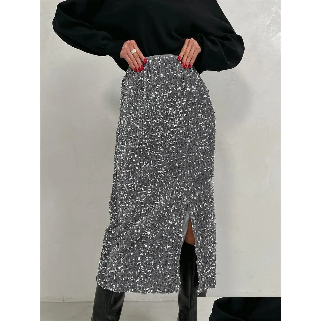 Silver Black Sequin Skirt Women Elegant Vintage Punk Evening Dress Slit Sexy Summer Long High Waist Midi Skirts For 240323