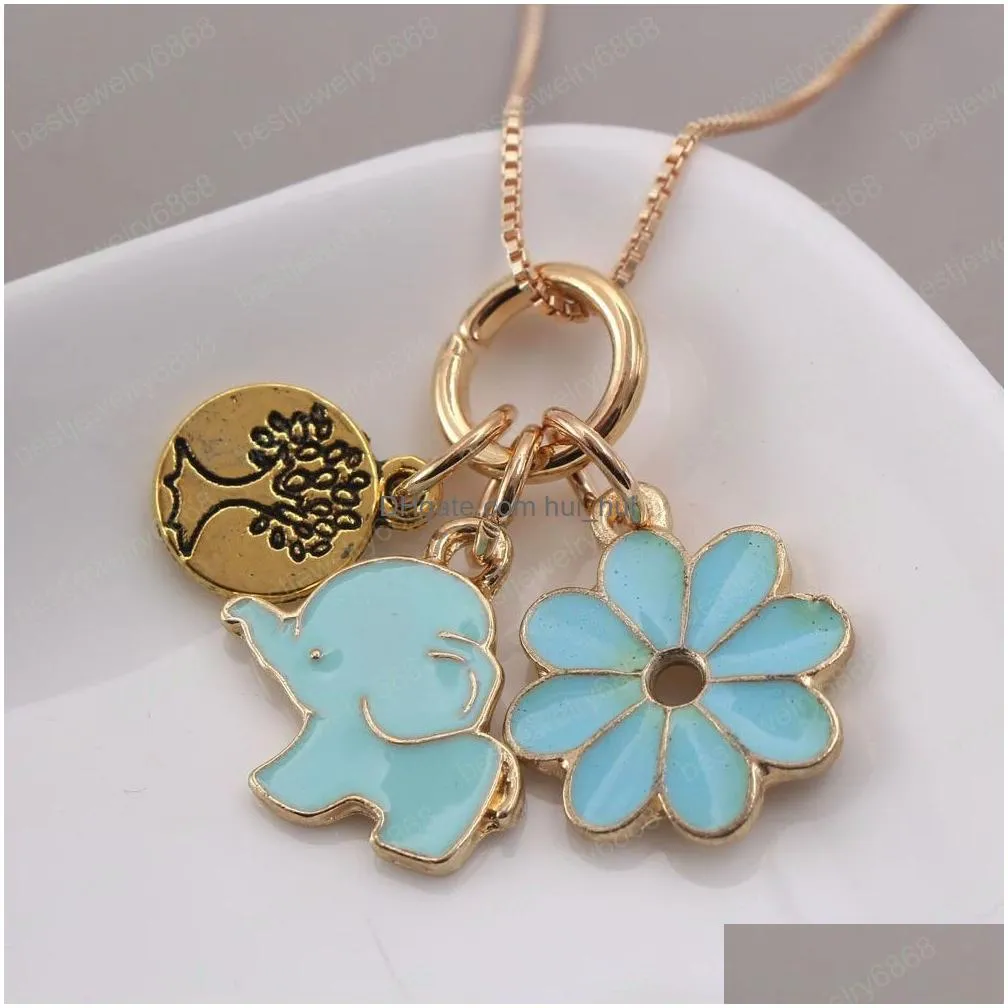 fashion elephant flower life tree pendants necklace girls kids chain necklace charm jewelry 1pcs