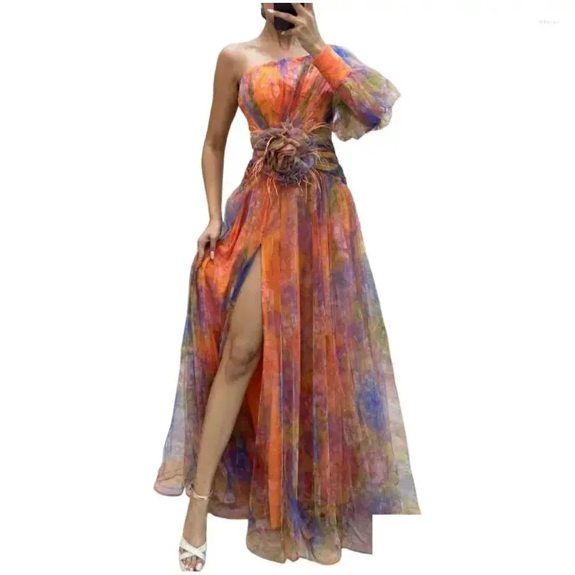 Casual Dresses Sexy A-line Evening Gown Elegant Formal Party Dress One Shoulder Tie-dye Ball With Mesh Bubble Sleeve Split Hem