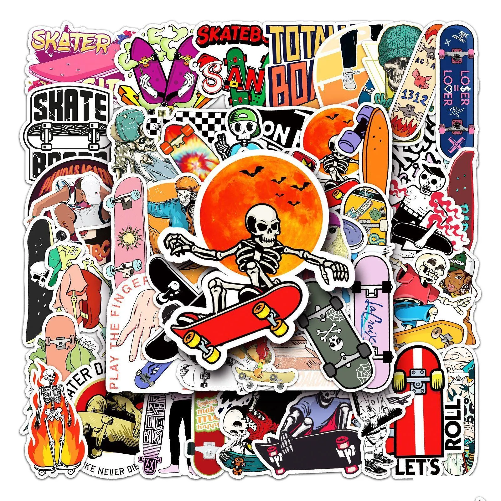 50pcs Cool skull skateboard stickers skate graffiti Stickers for DIY Luggage Laptop Bicycle
