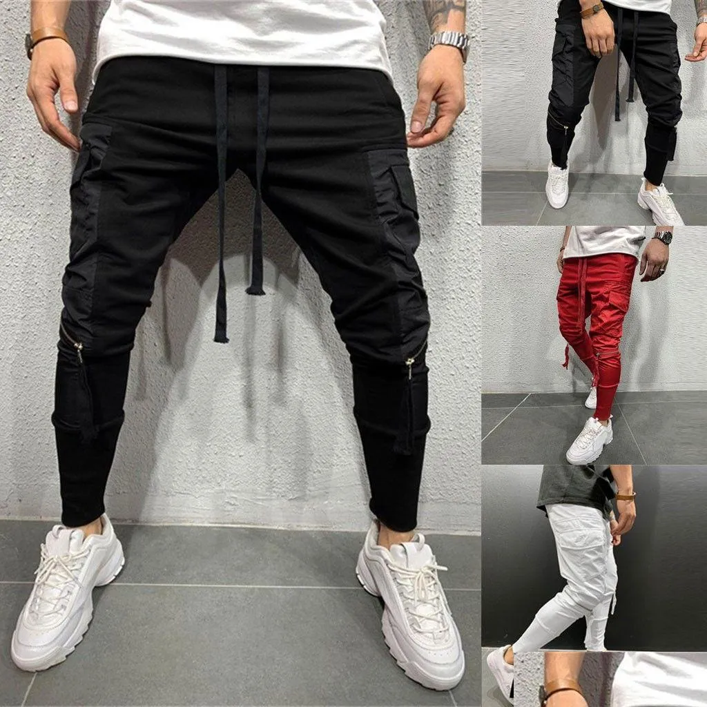Men Zipper Pure Overalls Casual Pocket Sport Work Casual Trouser Pants pantalones hombre streetwear joggers hip hop sweatpants