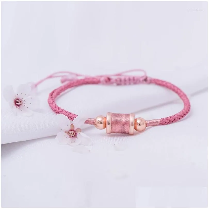Charm Bracelets Kurukulle Bodhisattva Pink Bracelet Hand Knitted Adjustable Size Amulet Bring Good Luck And Marriage Silver Men Women