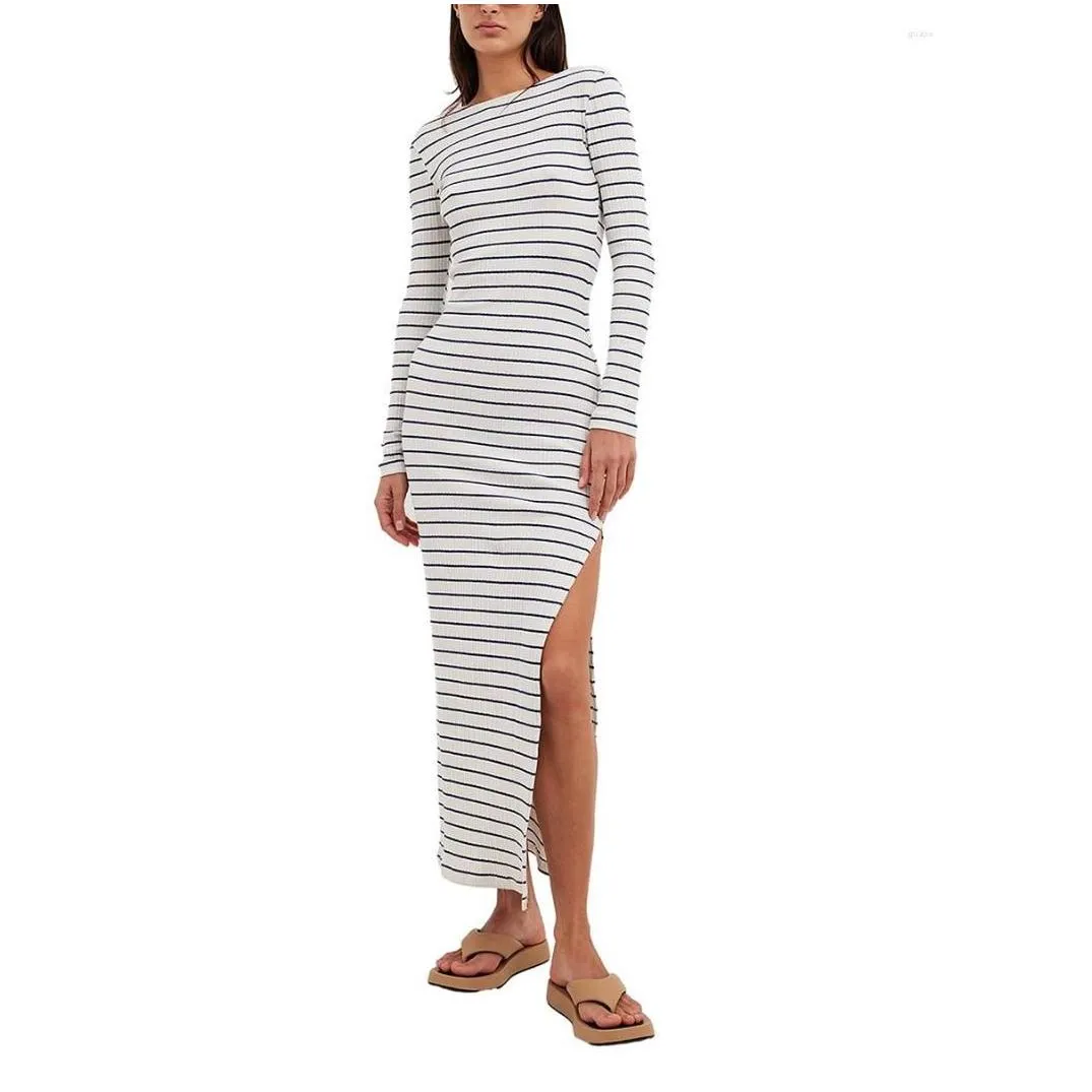 Casual Dresses Women Long Dress Sleeve Crew Neck Backless Striped Slit Fall For Party