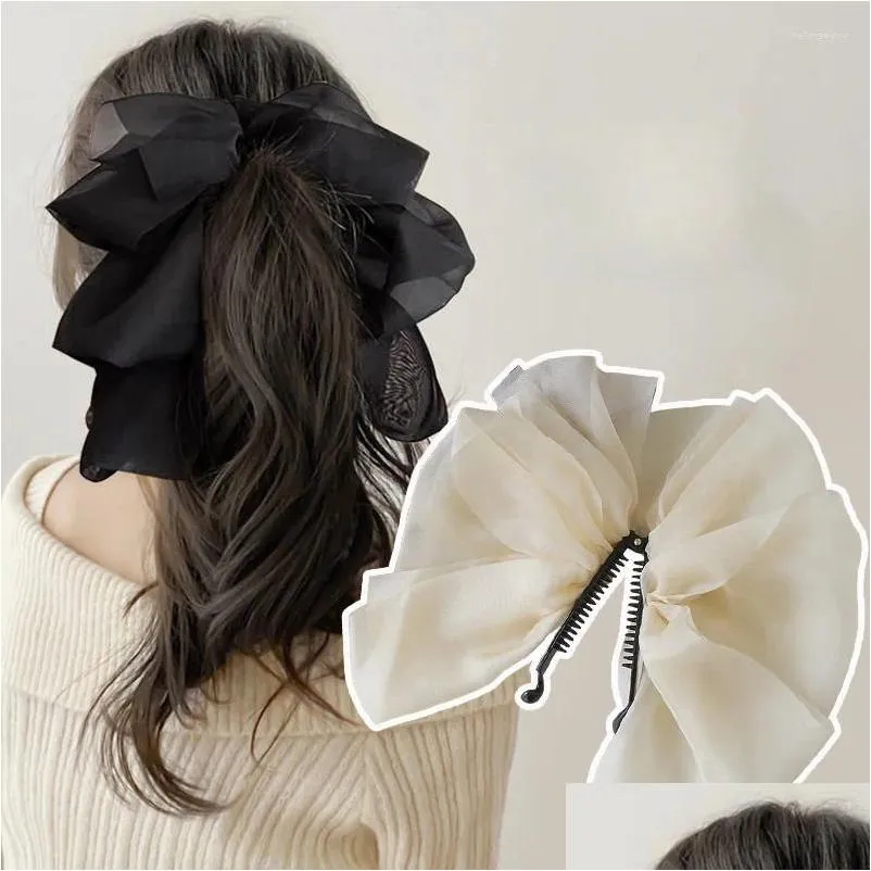 Hair Clips Chiffon Bow Banana Clip High Grip Female Vintage Vertical Claw Top Headdress 2023