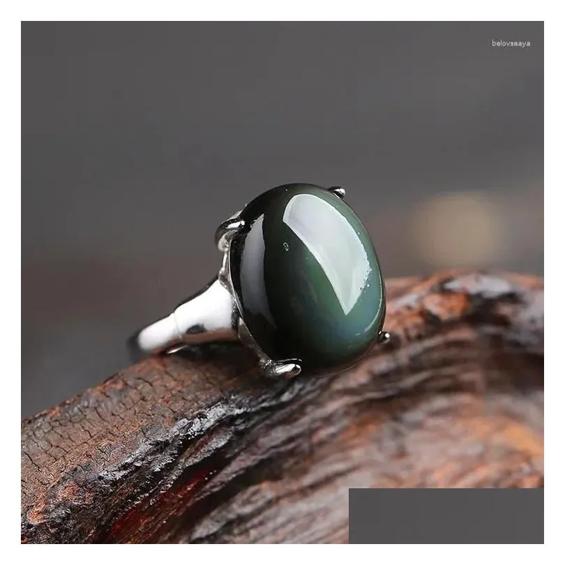 Cluster Rings Natural Obsidian Ring For Men Women Silver Jewelry Fashion Opening Couple Korean Edition Rich And Noble Paired With