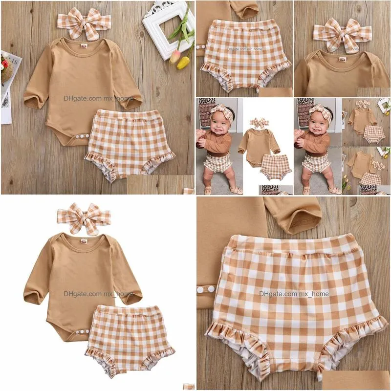 goocheer 3pcs baby girl clothes set toddler born fall long sleeve bodysuit tops plaid shorts headband outfit clothing 0-24m