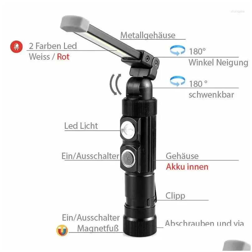 Flashlights Torches COB LED Portable Multifunctional Magnetic Folding Hook Work Light USB Cable Big Size 5 Modes Working