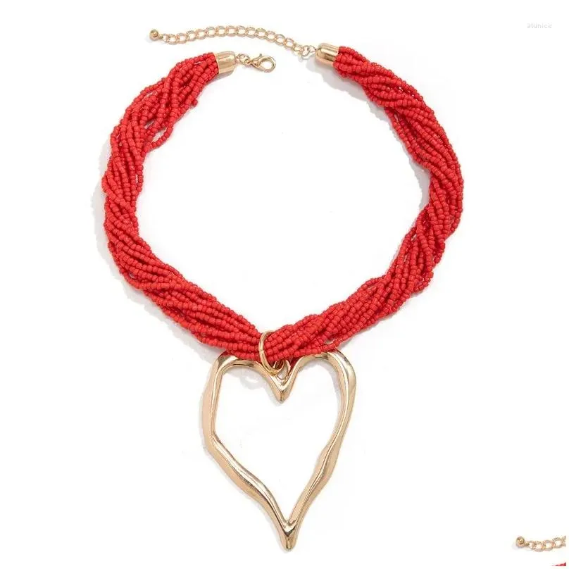 Chains Colorful Multilayer Beads Hollow Out Heart Shaped Necklace For Women Girls Golden Silver Color Lava Pendant Gifts