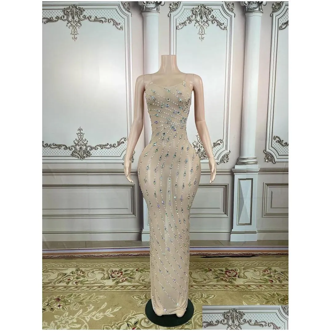 Stage Wear Luxury Gift Crystals Pearls Perspective Evening Celebrate Long Dress See Through Outfit Singer Prom Party Performance