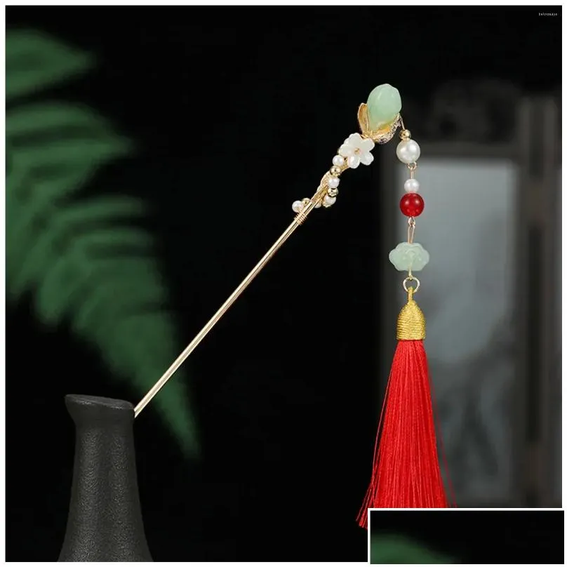 Hair Clips Chinese Stick Bun Headdress Retro Metal Chopsticks With Red Tassel For Woman Styling Hairdressing Salon