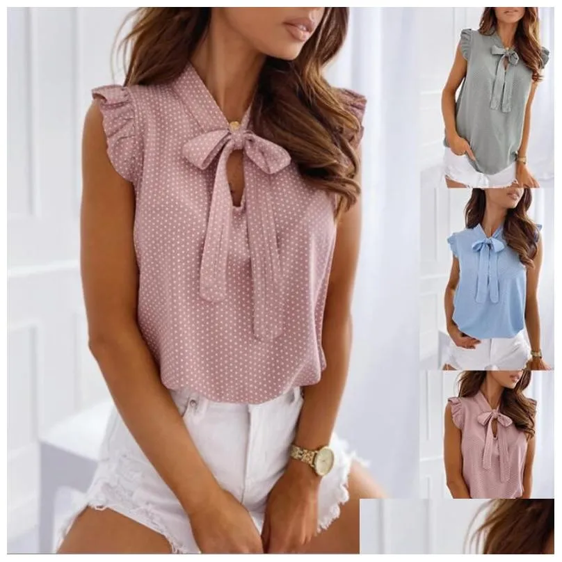Summer Women`s Blouses Women Elegant Ruffles Sleeveless Polka Pot Lace Up Tie Bow And Shirts Casual Oversize Tops Sexy Pullover
