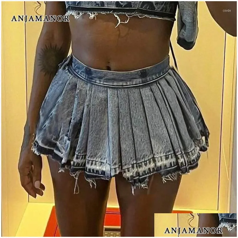 Skirts Anjamanor Blue Denim A Line Pleated For Woman Y2K Style Streetwear Summer High Waist Micro Mini Jean Skirt D66-De26 Drop Deliv Dhetc