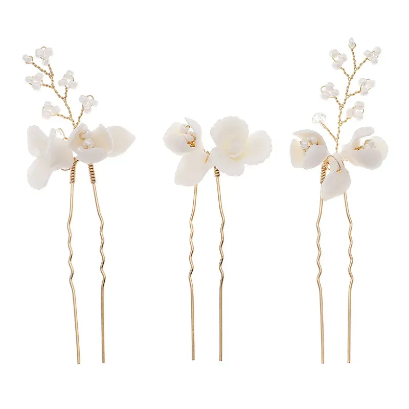 Hair Clips 3PCS U-Shape Hairpin Headwear With Acrylic Beads Female Elegant Ceramic Flower For Birthday Stage Party Hairstyle