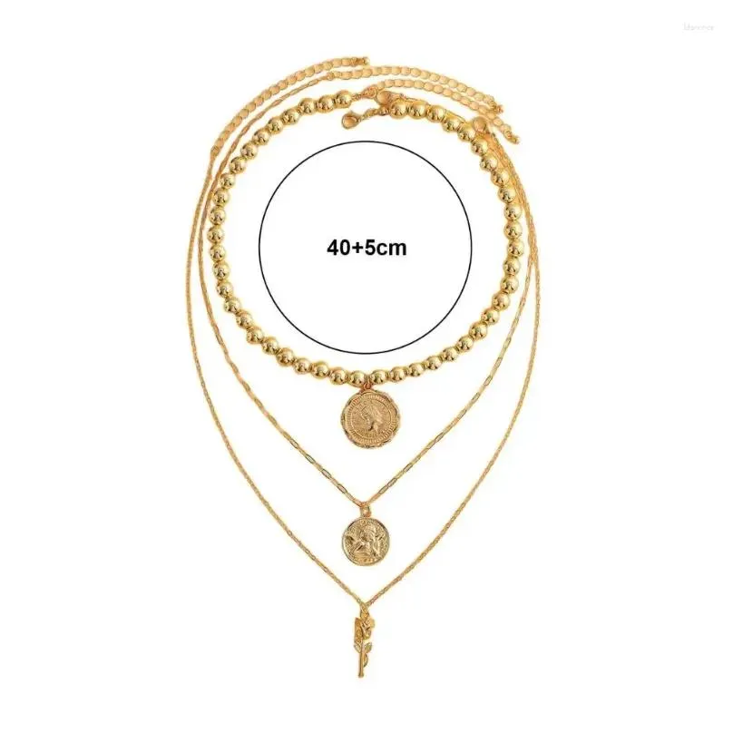 Chains Three-Layer Sweater Necklace Carved Coin Pendant Bead Chain Layered Women Metal Jewelry Accessories