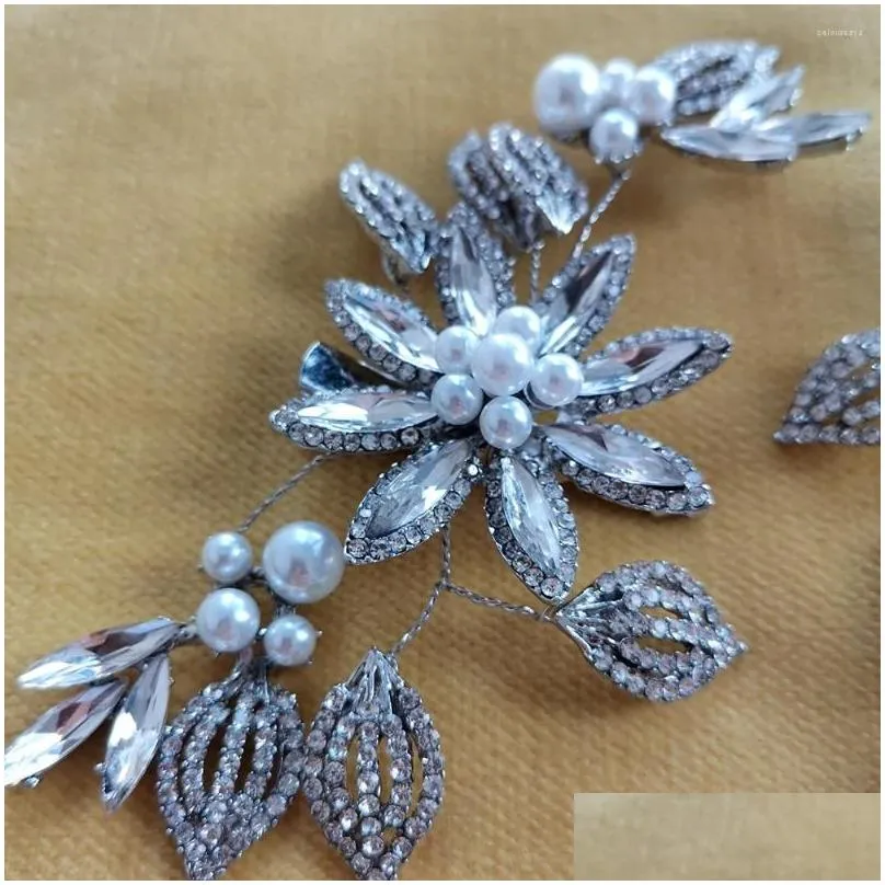 Hair Clips Fashion Flower Leaf Rhinestone Pearl Pin For Women Bride Bling Crystal Accessories Wedding Jewelry