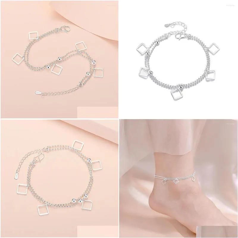 Anklets Women`s Square Anklet Korean-Style Fashion All-Match 925 Silver Plated Double-Layer Small 