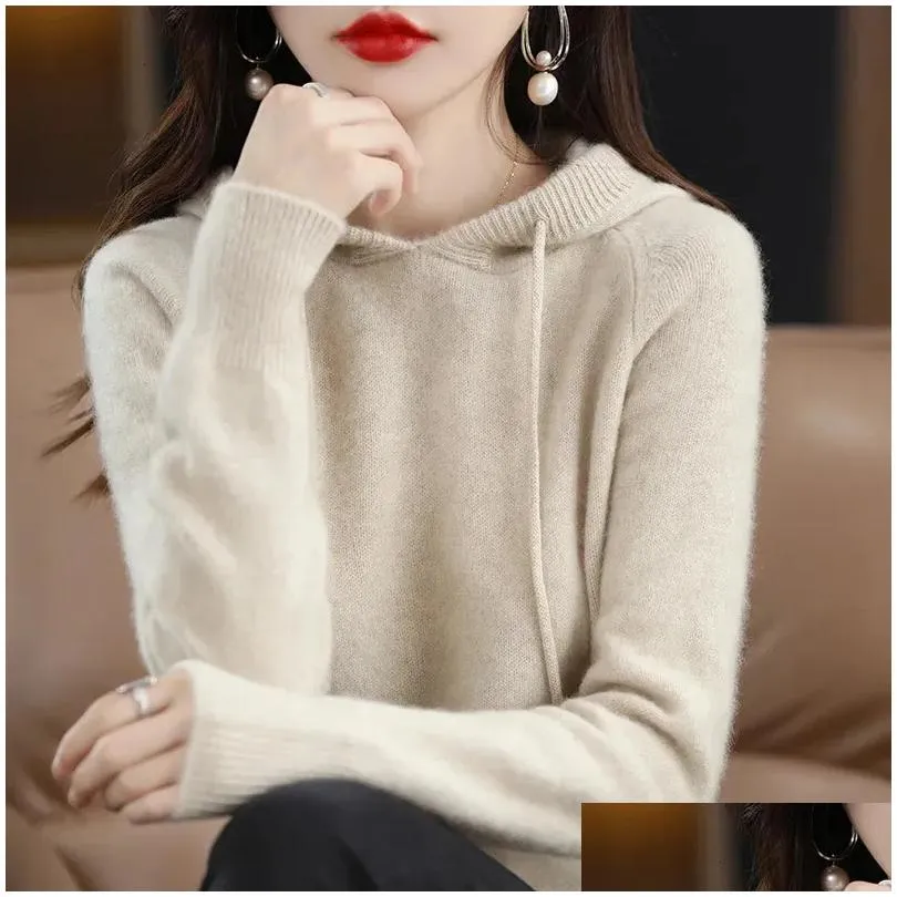 Women`s Sweaters YSZWDBLX Women Pullover Sweater Hooded Jumper Korean Loose Solid Long Sleeve Casual Autumn Winter Thick Warm Knitted