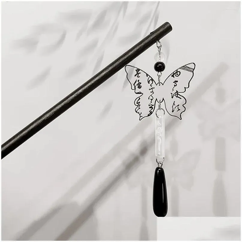 Hair Clips Chinese Calligraphy Butterfly Tassel Sticks Women Vintage Pendant Wood Hairpin Chopstick Forks Headdress Jewelry