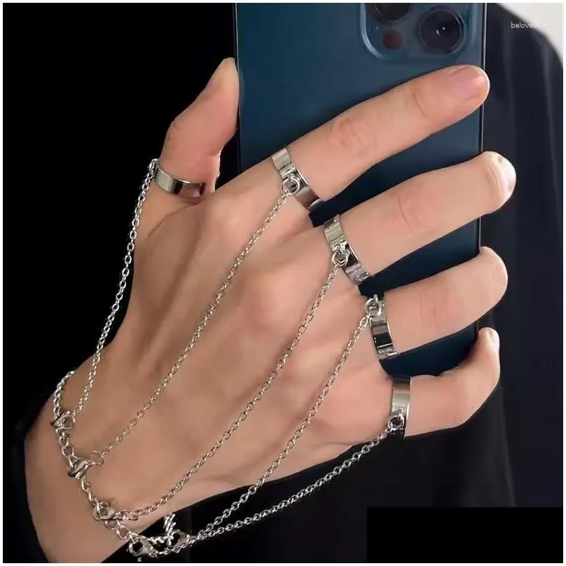 Cluster Rings 2023 Punk Geometric Silver Color Chain Wrist Bracelet For Women Men Charm Hip Hop Open Set Fashion Jewelry