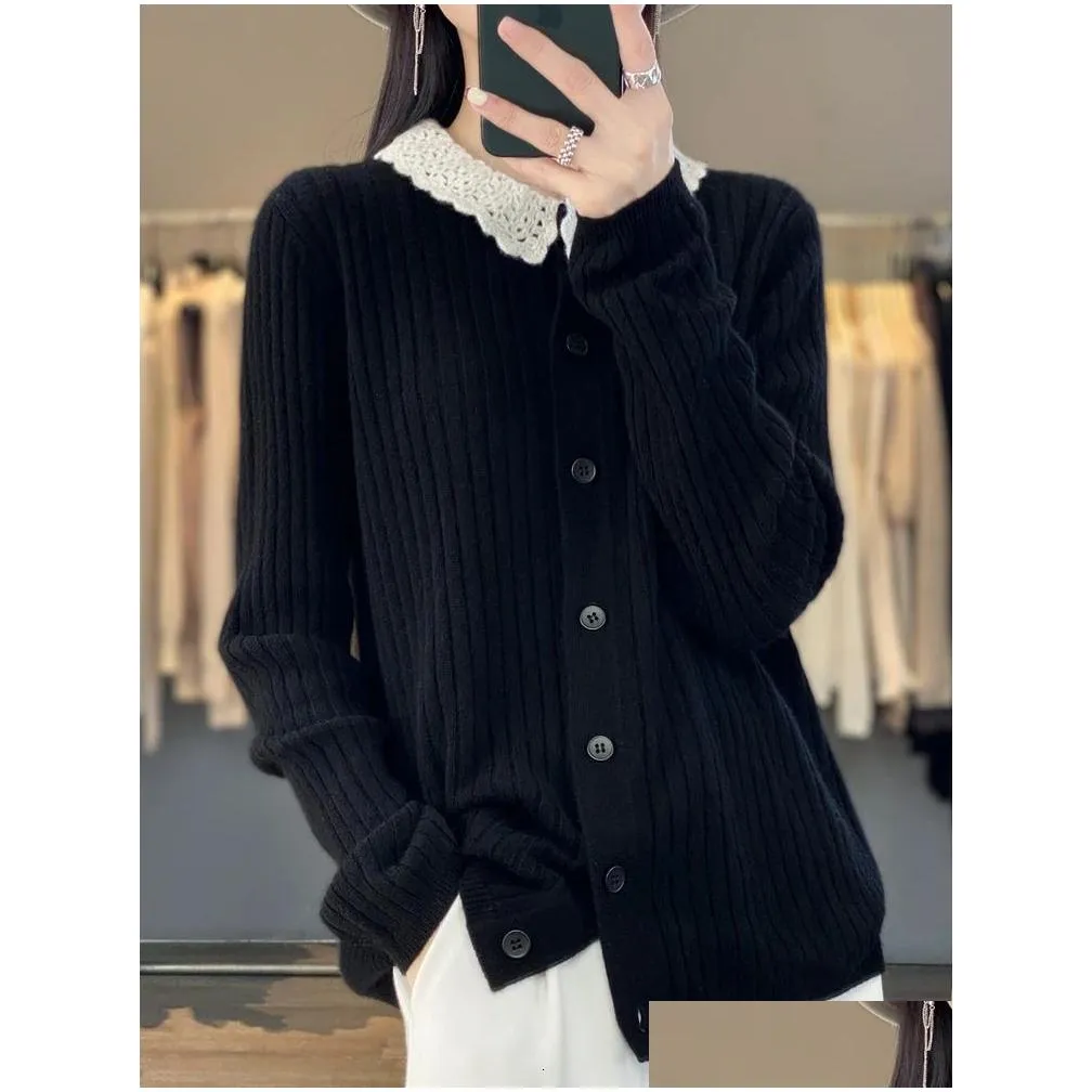 Women`s Sweaters Autumn Winter Peter Pan Collar Wool Cardigan Sweater Women Long Sleeve Top Basic In Outerwears Casual Female Knit Clothing