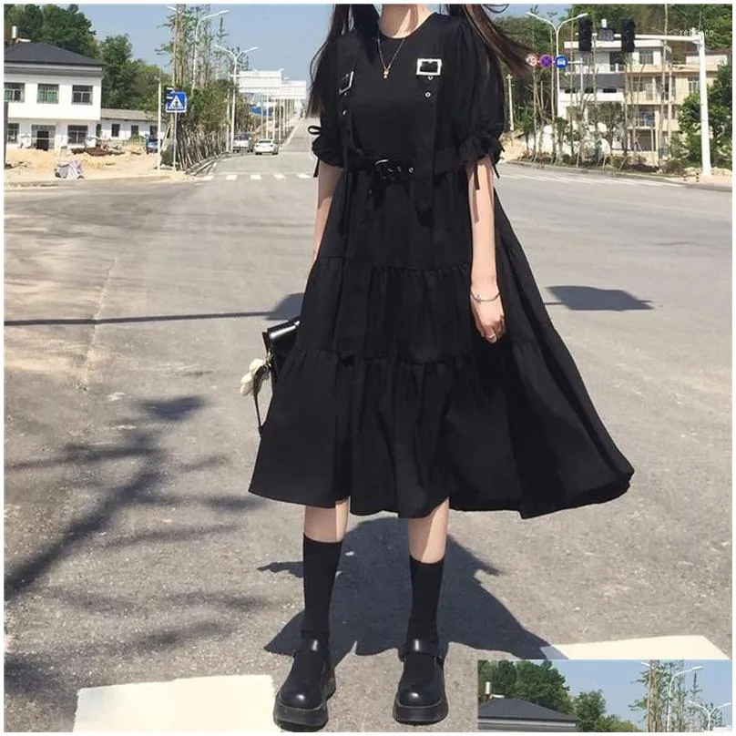 Casual Dresses Japanese Harajuku Women Black Midi Dress Gothic Style Suspenders Bandage Vintage Ruffles Long Baggy Cosplay Costume