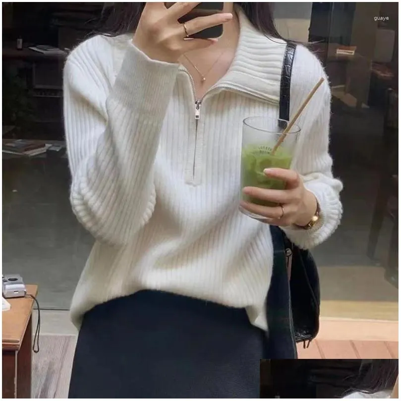 Women`s Sweaters Lucyever Autumn Winter Zipper Lapel Women Casual Thicken Soft Knitted Pullovers Female Solid Loose Long Sleeve Jumper