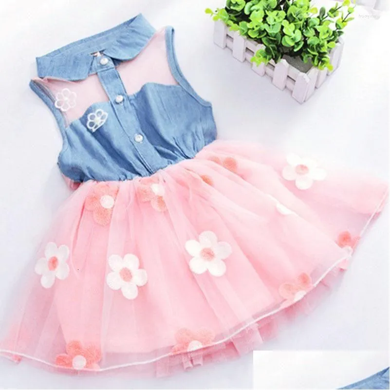 Girl Dresses Girls Summer Dress 2022 Listing Denim Stitching Mesh Flower Cute Baby Party Costume