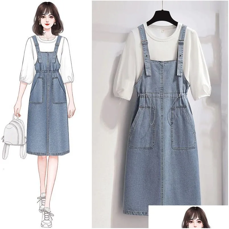 OC829M57 Denim Strap Skirt Women`s Spring/Summer Dress Two Piece Set for High Waisted Top Luxury Customization