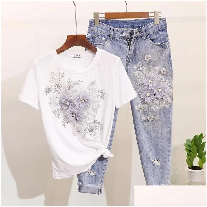 Two Piece Dress Amolapha Women Sequined Beaded 3D Flower Cotton T-Shirt Calf-Length Jeans Clothing Sets Summer Mid Calf Jean Drop Del Dh5Tf