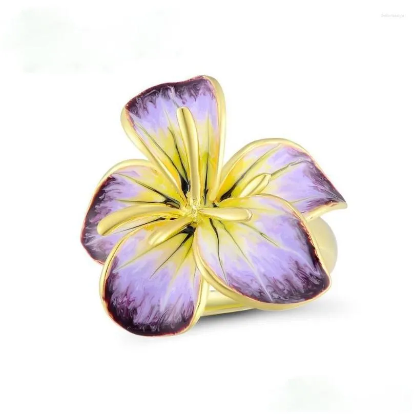 Cluster Rings Ladies High-end Jewelry Gorgeous Purple Yellow Flower Fashion Gift Handmade Enamel Ring Engagement Womens