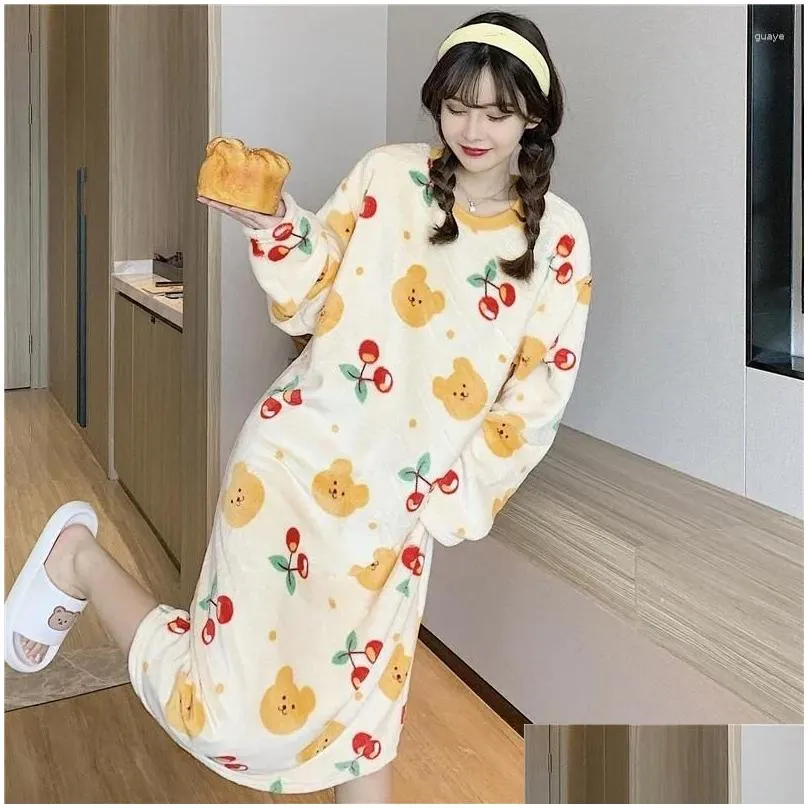 Women`s Sleepwear Winter Long Sleeve Print Thick Warm Flannel Nightgowns For Women Dress Coral Velvet Nightdress Night Nighty