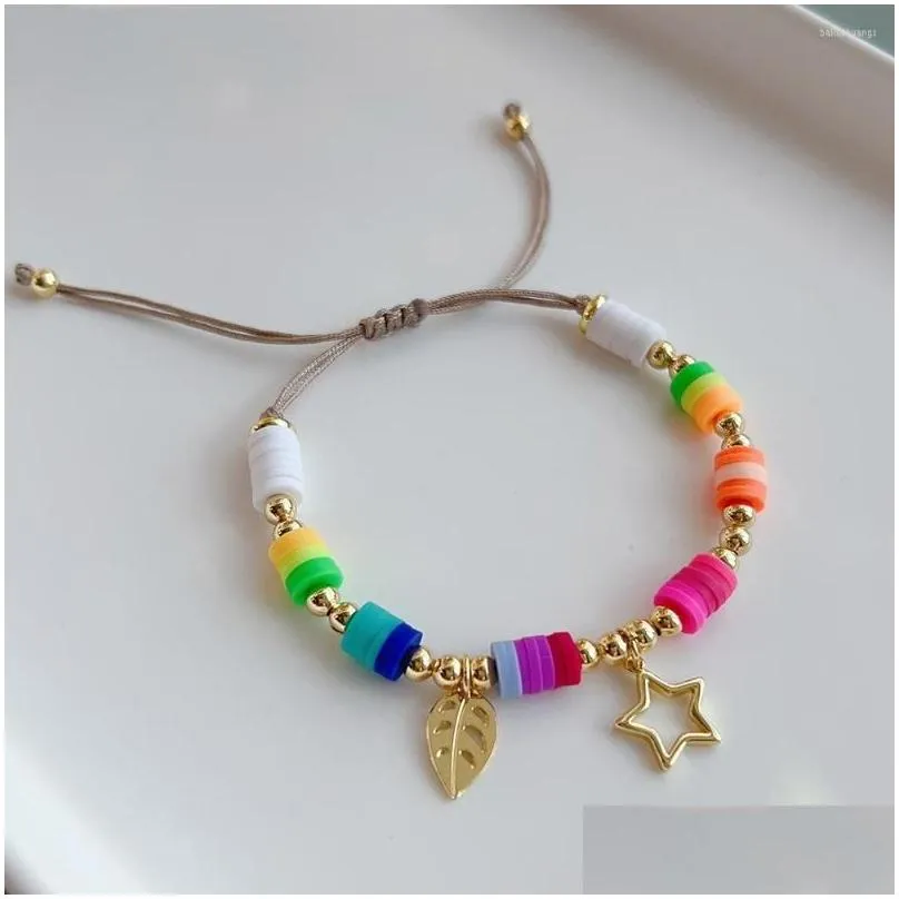 Charm Bracelets Fashion Polymer Clay Gold Color Copper Beads Bracelet Star Leaf Pendant Handmade Braided Women Jewelry Gift