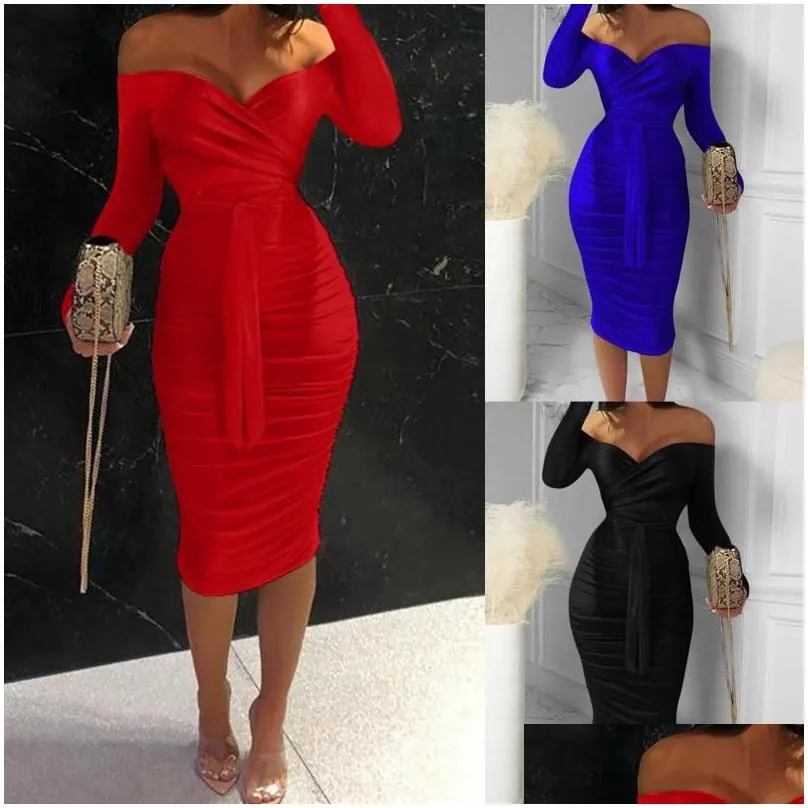 Casual Dresses Sexy For Women Elegant Long Sleeve Bodycon Dress Autumn Off Shoulder Lace Up Red Party Clubwear