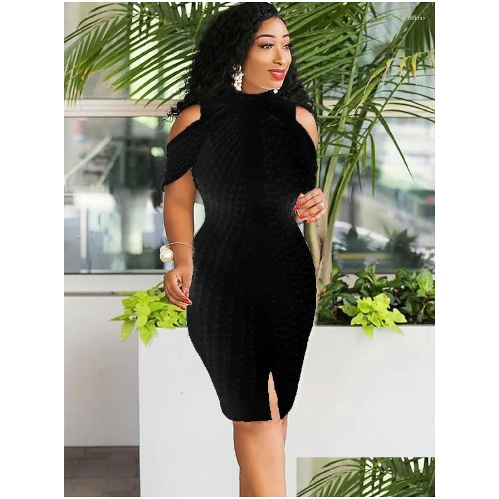 Basic & Casual Dresses Big Size White Beading Party Dress Bodycon Y Mock Collar Off Shoder Knee Length Spring Summer Birthday For Dro Dh0Pd