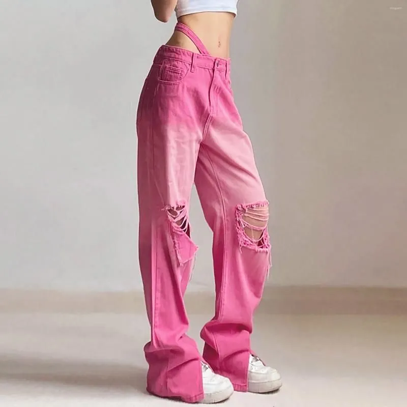 Women`s Jeans Y2k Korean Reviews Many Clothes Casual Loose Gradient Ripped Button Zipper Pocket Straight Fork Leg Wide Trousers
