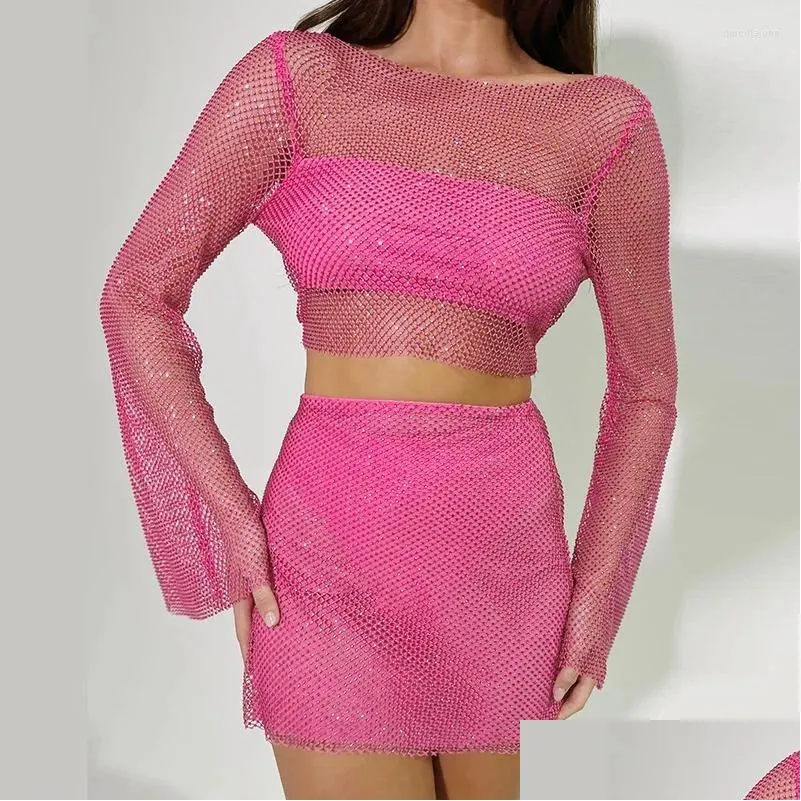 Work Dresses 2 Pieces Women Stes Long Sleeve Top Mini Skirt Summer Sexy See Through Solid Color Fashion Girls Women`s Clothing