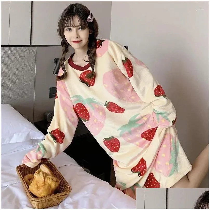 Women`s Sleepwear Winter Long Sleeve Print Thick Warm Flannel Nightgowns For Women Dress Coral Velvet Nightdress Night Nighty