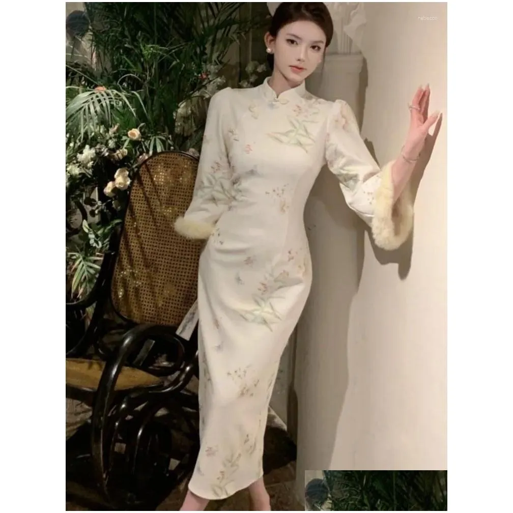 Casual Dresses Chinese Style Midi Dress Women Long Sleeve O-neck High Slit Slim Autumn Winter Vintage Floral Print Vestidos Female