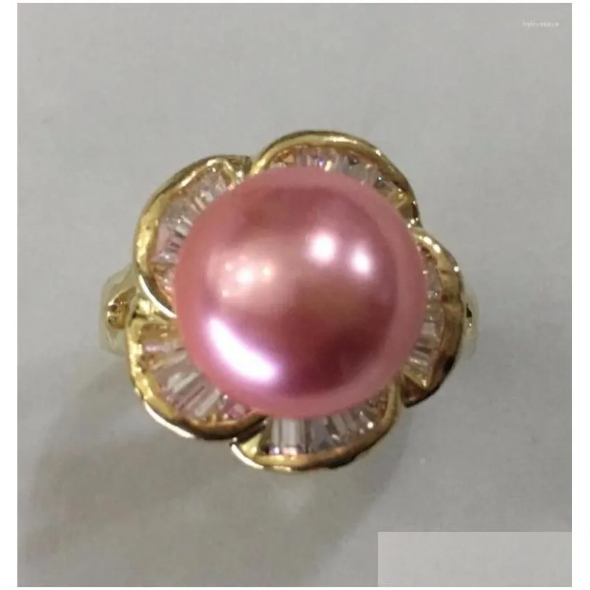 Cluster Rings Lady`s 18kgp Inlay Crystal Flower Shape 12mm Pink Shell Pearl Fashion Ring SIZE 6/7/8/9/10
