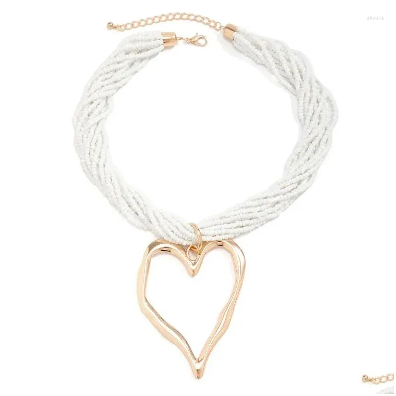 Chains Colorful Multilayer Beads Hollow Out Heart Shaped Necklace For Women Girls Golden Silver Color Lava Pendant Gifts