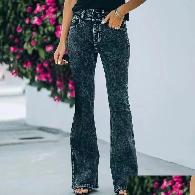 Women`s Jeans Streetwear Long Pants Denim For Women Plus Size High Waist Pocket Wide Leg Flared Skinny Button Trousers