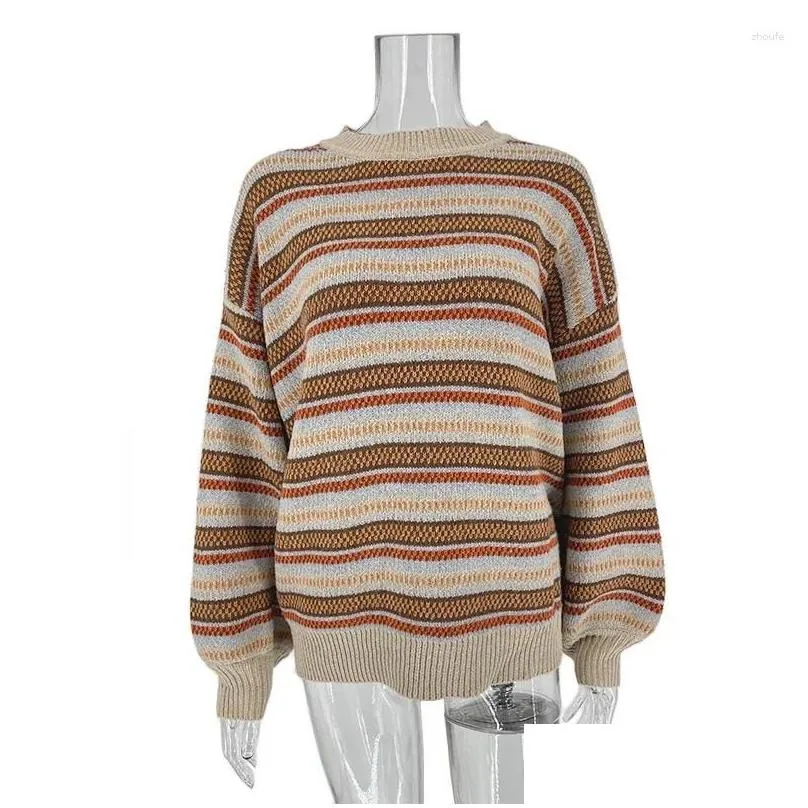 Women`s Sweaters High Street Sweater Striped Contrasting Color Women Vintage O-Neck Long Sleeve Knitwear Pullovers Female Casual Tops