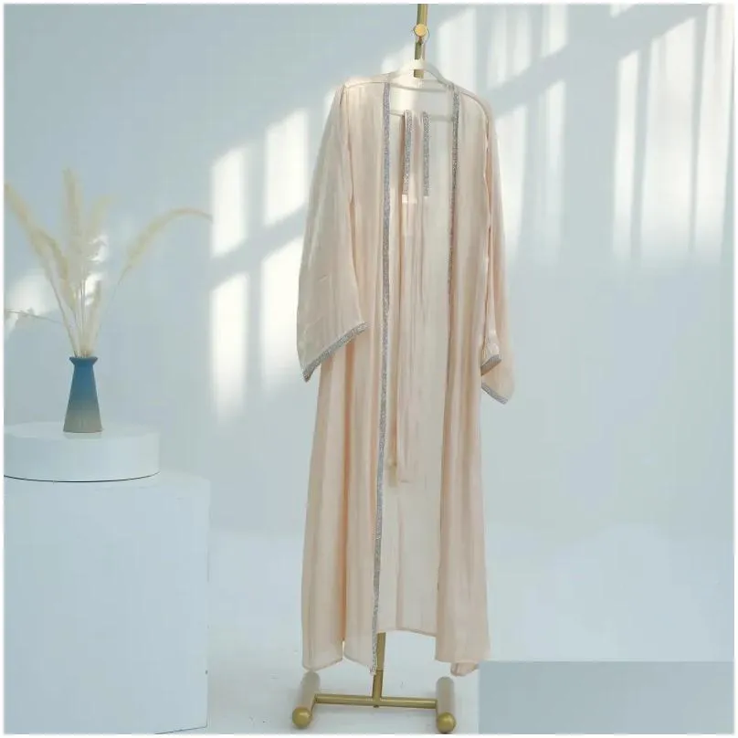 Ethnic Clothing Shiny Kimono Abaya Dubai Solid Soft Satin Fix Rhinestone Tape Trim Belted Cardigan Robe Woman Corban Eid Ramadan 2024