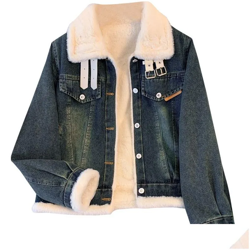 OC243M17 Winter Women`s Coat Denim Plush Jacket Lamb Fleece Short Fashion Stonewashed Retro Customization