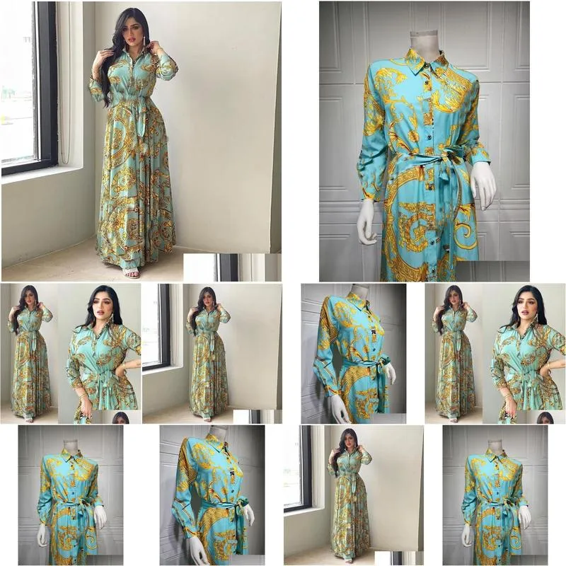 Ethnic Clothing Fashion French Elegant Maxi Dresses For Women Retro Print Muslim Dubai Abaya Lapel Single-Breasted Long Sleeve Drop D Dh9Nh