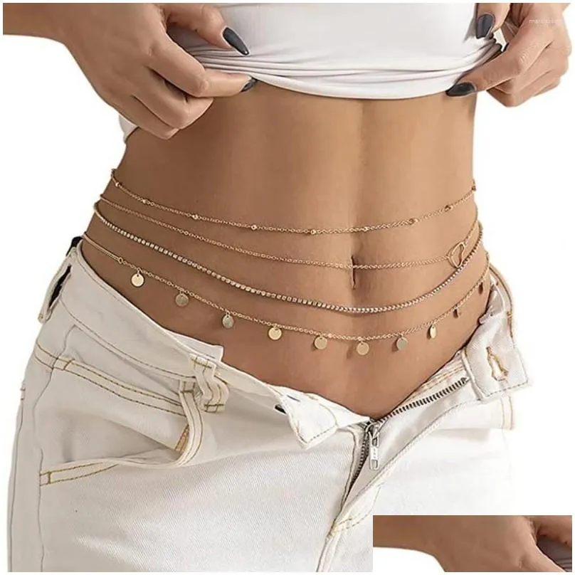 Anklets 4Pcs Waist Chains Four Layers Round Pendant Jewelry Sexy Thin Chain Belly Belt Women 