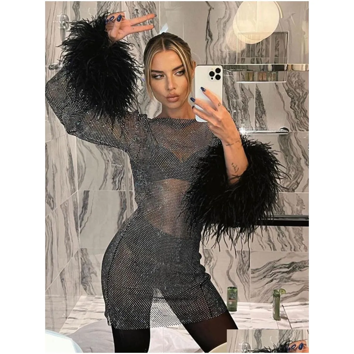 Basic Casual Dresses Sexy Mesh Feather Dress Ladies Fashion Seethrough Solid Color Long Sleeve Short Tops 230724