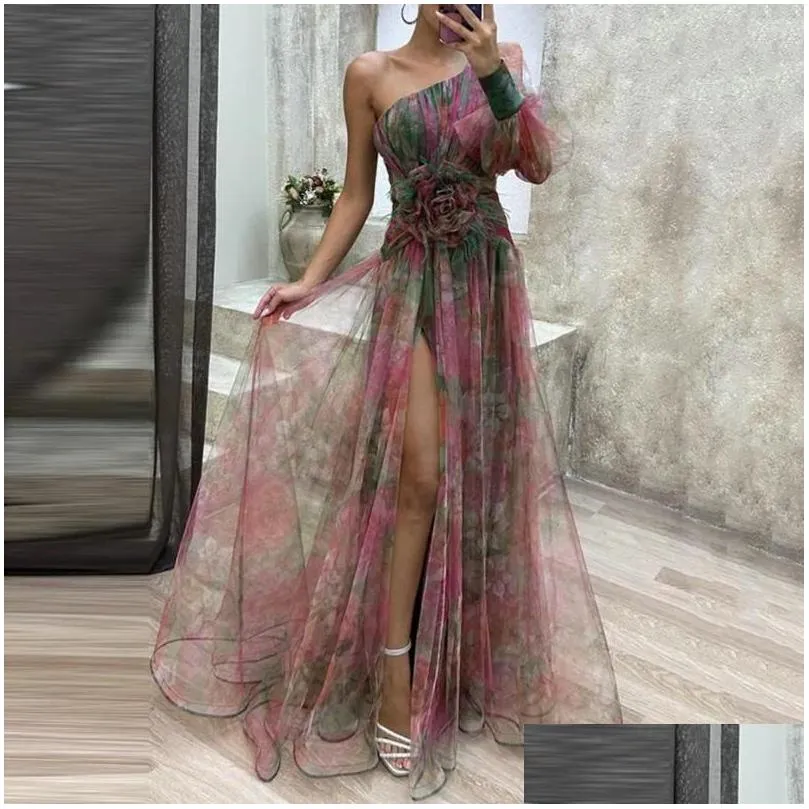 Casual Dresses Sexy A-line Evening Gown Elegant Formal Party Dress One Shoulder Tie-dye Ball With Mesh Bubble Sleeve Split Hem