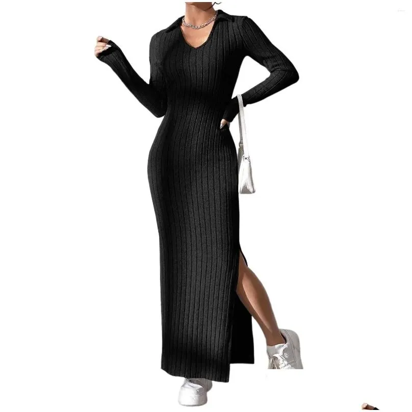 Casual Dresses Women Sheath Dress Elegant Pullover Turn-down Knitted Sweater Autumn Slim Fit Chic Female Midi Vestidos 2023