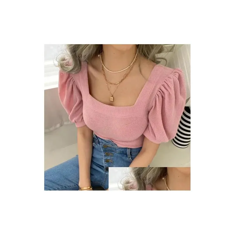 Women`S T-Shirt Womens T Shirts Harajpoo Fashion French Vintage Square Neck Bubble Sleeve Top Women Summer Short Elegant 2023 Drop Del Dhai6